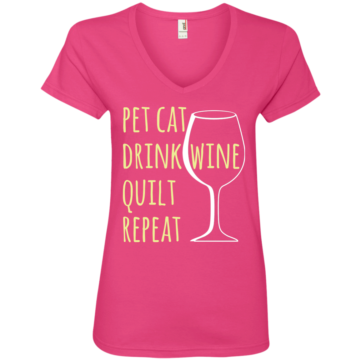 Pet Cat-Drink Wine-Quilt Ladies V-Neck T-Shirt