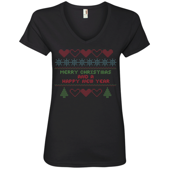Cross Stitch Christmas Sampler Ladies V-Neck T-Shirt