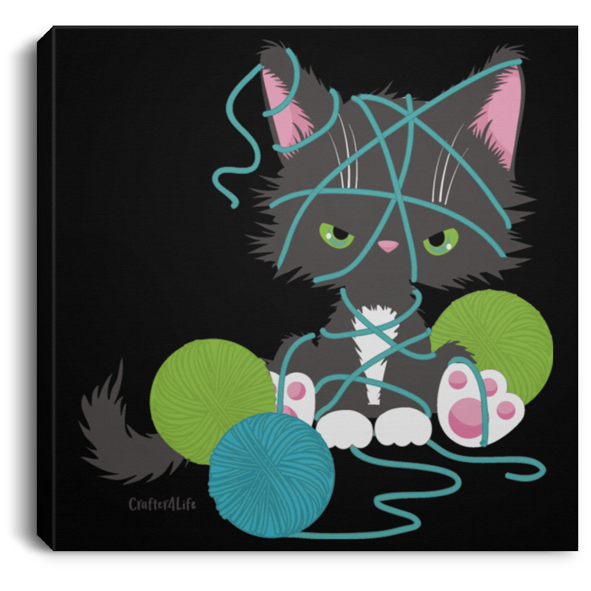 Grey Tuxedo Kitty with Yarn Square Canvas with .75in Frame