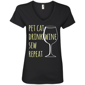 Pet Cat-Drink Wine-Sew Ladies V-Neck T-Shirt