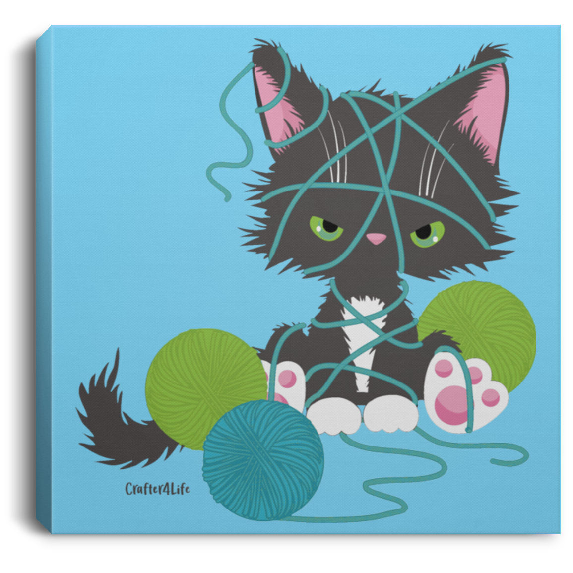Grey Tuxedo Kitty with Yarn Square Canvas with .75in Frame