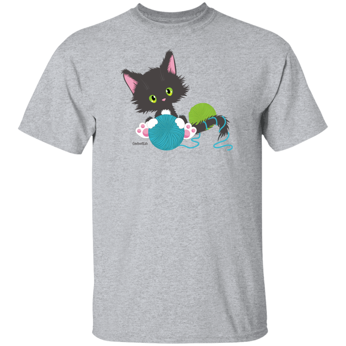 Grey Tuxedo Kitty Holding Ball of Yarn T-Shirt