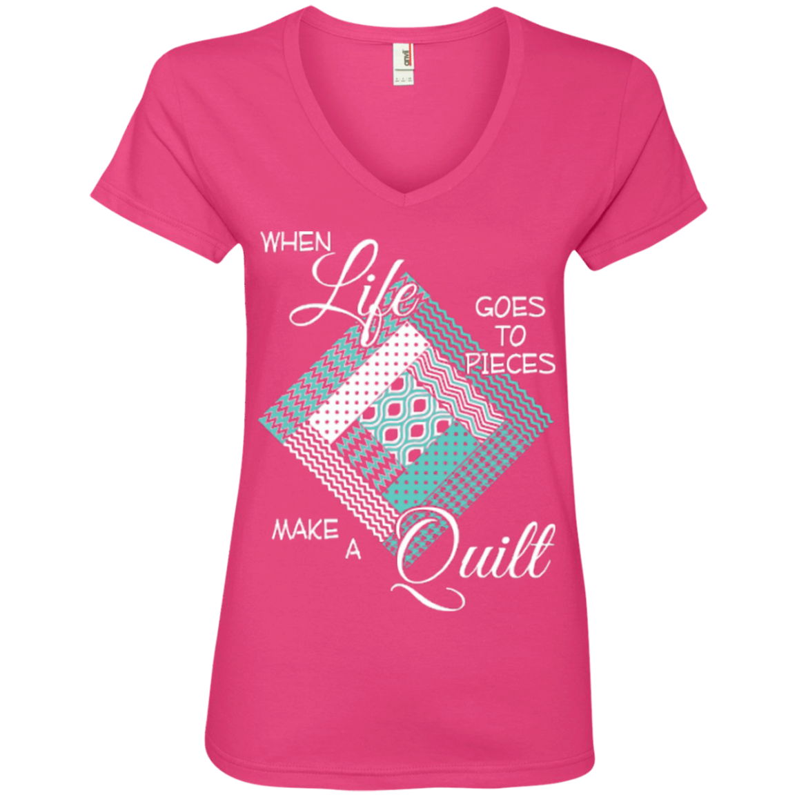 Make a Quilt (turquoise) Ladies V-Neck Tee - Crafter4Life - 2
