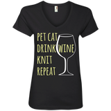 Pet Cat-Drink Wine-Knit Ladies V-Neck T-Shirt