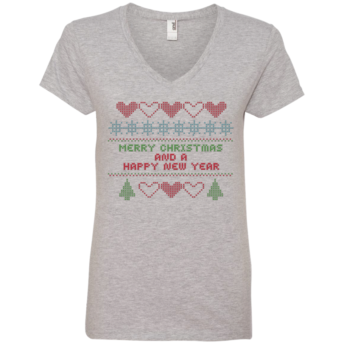 Cross Stitch Christmas Sampler Ladies V-Neck T-Shirt