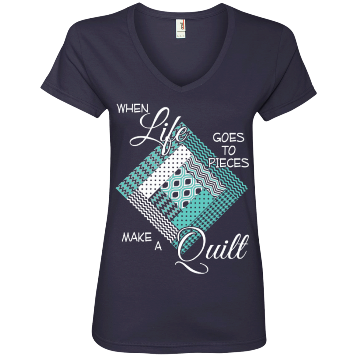 Make a Quilt (turquoise) Ladies V-Neck Tee - Crafter4Life - 4