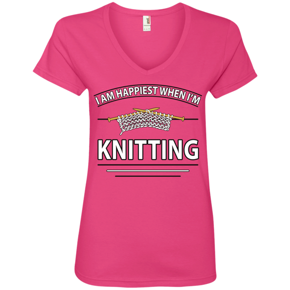 I Am Happiest When I'm Knitting Ladies V-neck Tee - Crafter4Life - 1